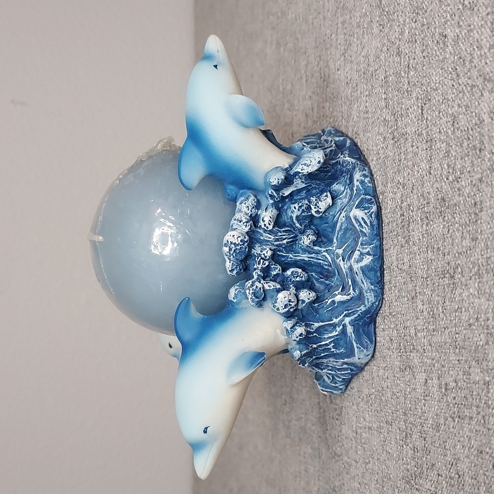 Vintage 90's Y2K Blue Dolphin Jumping Out Of Water Round Candle & Holder